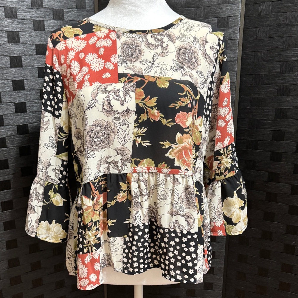 Status Peplum Top Womens M Patchwork Cottage Boho Art-to-wear Office Made in USA